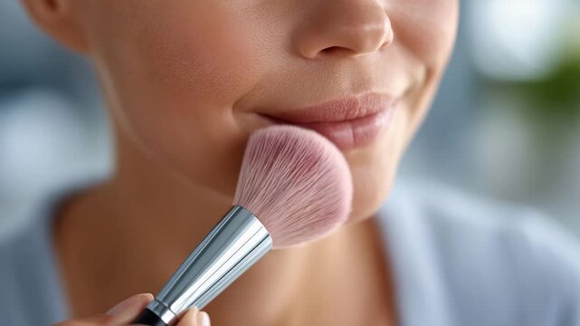 350Macro view of blush brush on faceless woman&rsquo;s cheek, cosmetic color being applied, facial enhancement and daily beauty care, defocused elegant vanity environment with copy space