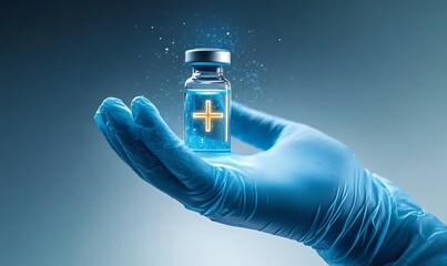 Medical Vaccine Bottle Held in Gloved Hand with Blue Light