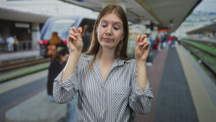 Obraz premium Woman showing air quotes with both hands and neutral expression on railway platform at busy train station; skepticism.