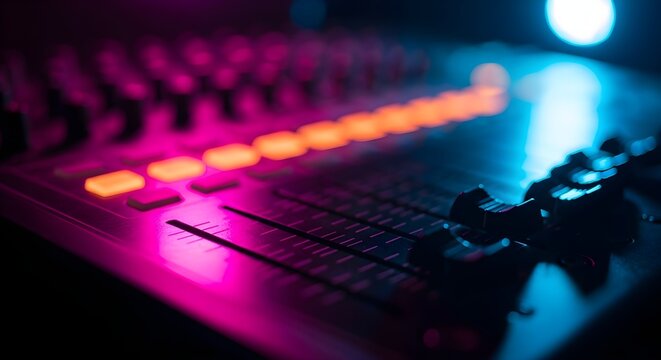 Close-up of a soundboard with illuminated buttons and faders in a dark room with colorful lighting.