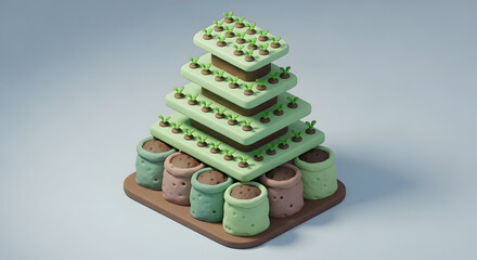 3D Illustration of Vertical Farming with Seedlings on Tiered Planters