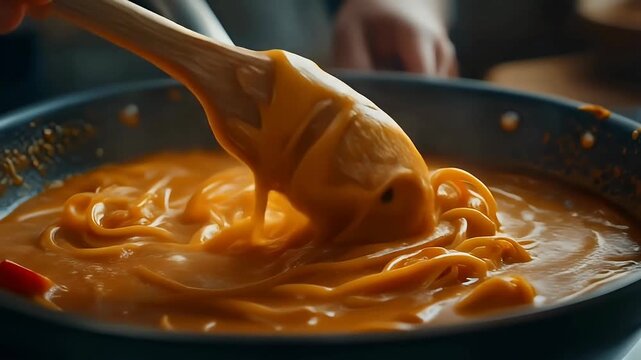 A close-up shot captures the vibrant orange sauce being poured over a mound of pasta in a dark pan, highlighting the culinary process and rich texture of the dish.