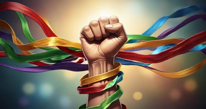 Raised Fist Wrapped in Colorful Ribbons.