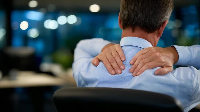 378Close-up of hands pressing back of faceless employee, showing office syndrome symptoms, long-term sitting discomfort, workplace health visualization, defocused corporate office beh