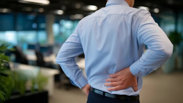 382Office worker rubbing lower back in discomfort, faceless, workplace health concern, sedentary lifestyle effect, professional office interior defocused with copy space