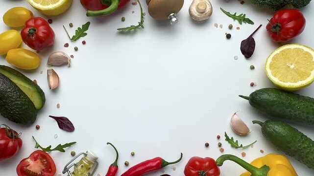 Fresh vegetables and spices frame moving on white background