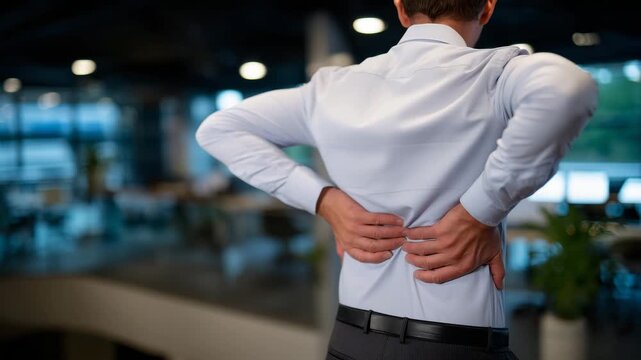 383Office worker rubbing lower back in discomfort, faceless, workplace health concern, sedentary lifestyle effect, professional office interior defocused with copy space