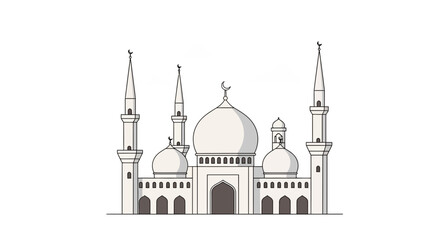 Elegant white mosque with prominent domes and minarets, set against a dark background with clouds