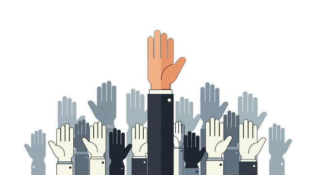 Many hands raised in a meeting, one hand stands out
