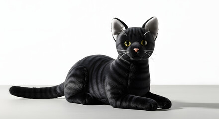 Realistic plush black cat toy on white background