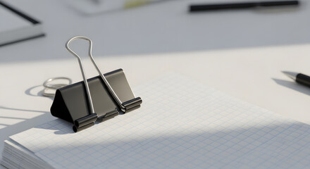 Close-up of a black paper clip on graph paper in sunlight