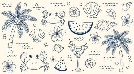A collection of beach themed illustrations including palm trees, seashells, and tropical icons on a beige background © Saharia