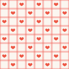 Seamless Romantic Hearts Pattern with Red and Pink Hearts in Grid Layout on Soft White Pink Background