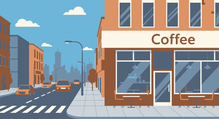 Cartoon city street scene with coffee shop and automobiles in daylight