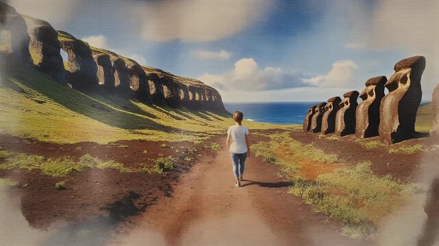 A lone traveler walks along a dusty path towards a row of ancient Moai statues set against a backdrop of rolling green hills and the vast Pacific Ocean under a partly cloudy sky.
