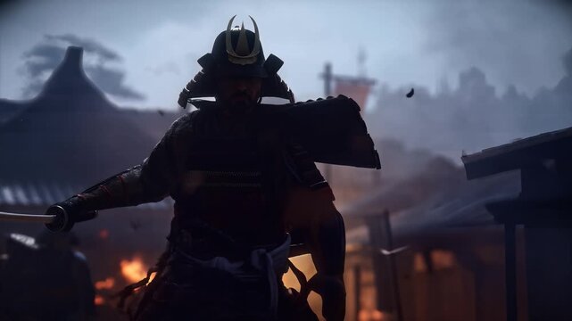 Samurai warrior standing in front of burning village.