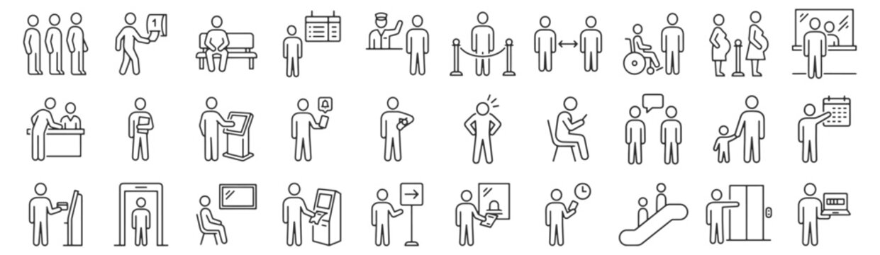 Queue and waiting people line icon set. Standing in line, ticket kiosk, rope barrier, priority service, security checkpoint outline vector illustrations. Signs for customer service management.