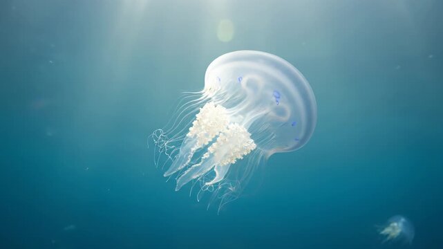 Graceful jellyfish drifting in clear blue ocean water with sun rays filtering down