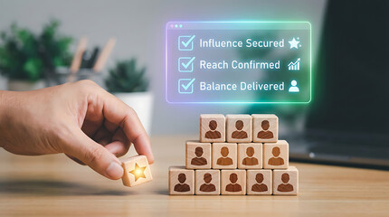 Obraz premium Hand placing star block beside pyramid of people icons on desk with influence secured checklist