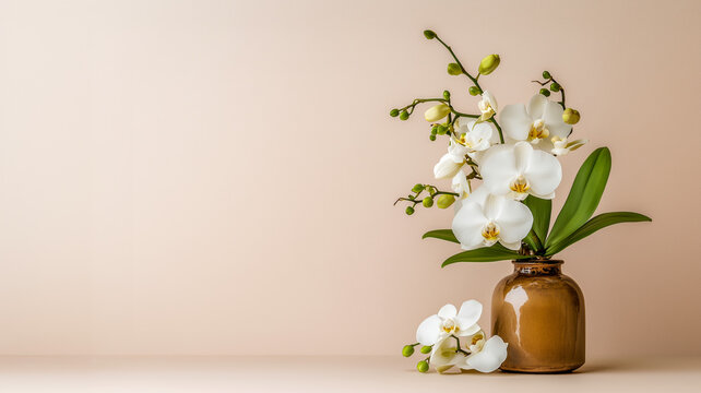 Bukiet białych orchidei w glinianym wazonie na jasnym tle minimalistyczne wnętrze
