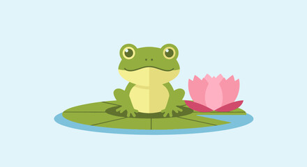 Fototapeta premium Cartoon frog on lily pad next to a lotus flower in calm water