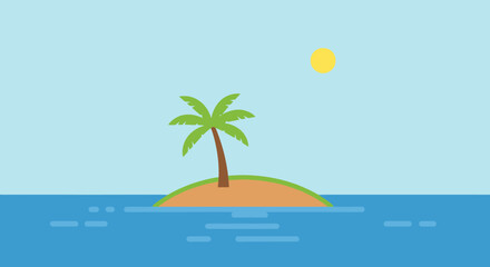 Fototapeta premium Cartoon island scene with palm tree and ocean under sunny sky