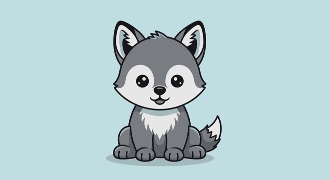 Cartoon illustration of a cute wolf cub with a friendly expression on blue
