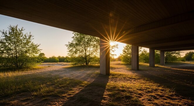 Sunset view from under a bridge with pillars and trees in the background isolated on white background is not applicable here