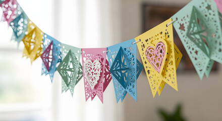 Colorful paper bunting with heart patterns for festive decoration