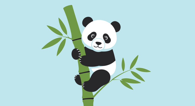 Cartoon panda bear climbing bamboo stalk against blue sky background