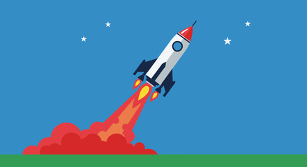 Cartoon rocket ship launching into space against a blue sky background