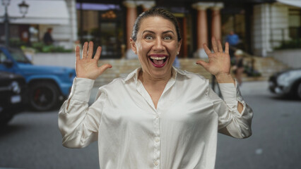 Fototapeta premium Middle aged woman in white shirt with hands raised and broad smile on busy city street; happy surprise.