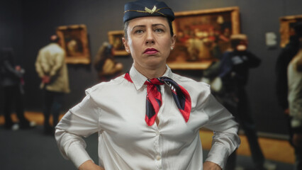 Fototapeta premium Air hostess in white blouse and red scarf places hand on hip and furrows brow in art gallery; impatience.