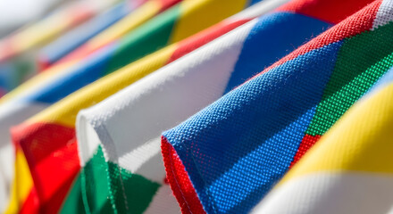 Colorful international flags waving in bright sunlight close-up
