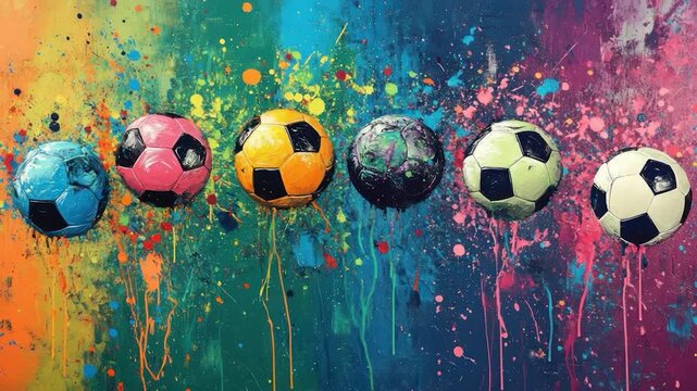 Six vibrant soccer balls in various colors are set against a backdrop of colorful paint splatters