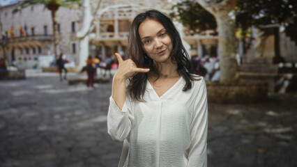 Fototapeta premium Woman in white blouse making phone gesture with right hand to ear, standing in a cobblestone street square beside a fountain and historic building; playful charm.