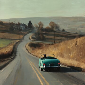 green convertible car drives down a country road