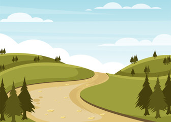 Fototapeta premium Winding dirt road through green hills and trees landscape stock illustration.