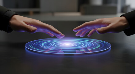 Futuristic technology concept with hands interacting with holographic display
