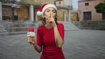 Fototapeta premium Woman in santa hat holding a news microphone, finger to lips for silence on street; playful secrecy holiday.