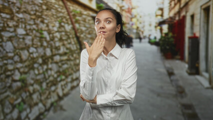 Fototapeta premium Woman young hispanic wearing white shirt with arms crossed, hand to lips blowing kiss in a narrow stone street alley with blurred passersby and potted plants; playful.