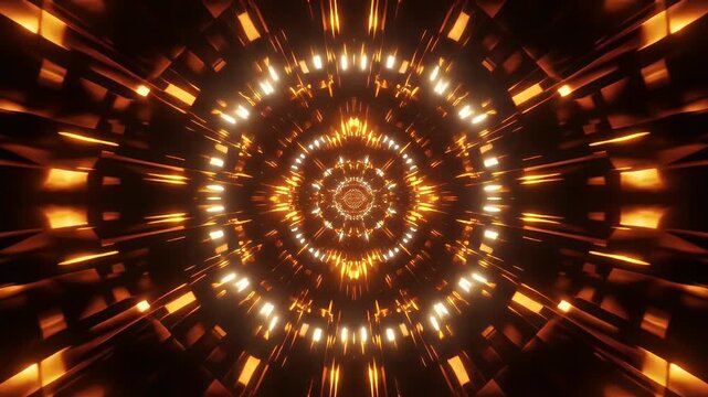 A mesmerizing abstract image showcases a vibrant, symmetrical tunnel of golden light, creating a dynamic and futuristic visual experience.