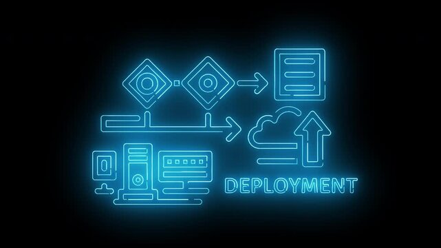 Neon-lit graphic illustration of a deployment process with glowing blue icons and text on a black background with a futuristic and technological mood.