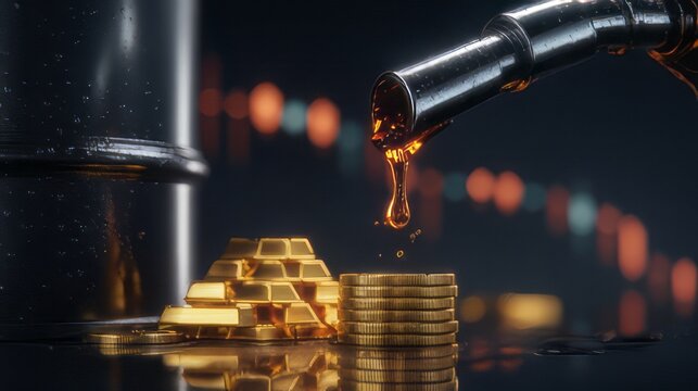 Fuel prices or energy markets gas pump nozzle dispensing a golden liquid against a background of stock market candlestick charts. Crude oil barrels stacks of gold coins and gold bullion bar commodity.