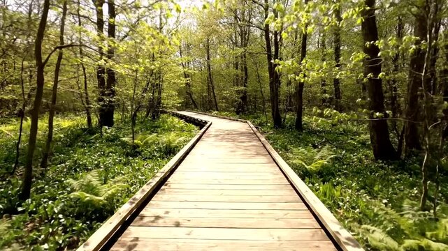 Serene Woodland Boardwalk Through Forest Trees.