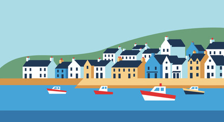 Fototapeta premium Coastal town illustration with buildings and boats on a clear day