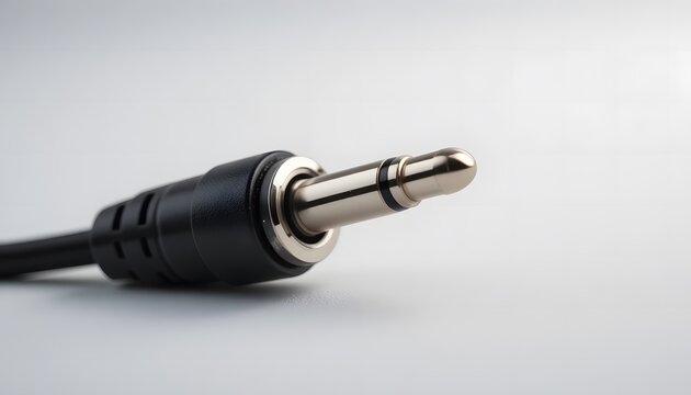 Close-up view of a standard 3.5mm audio jack plug on a black cable. aux cord