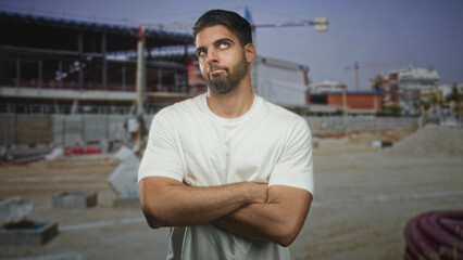 Fototapeta premium Man with beard and arms crossed in front of a partially built building at a construction site; skepticism resilience.