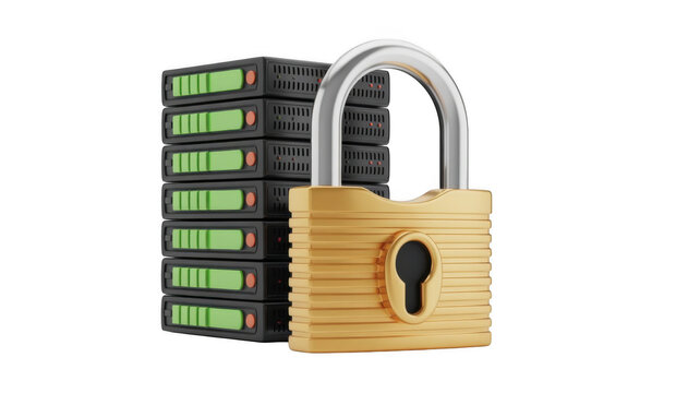 Golden padlock on server rack in secure data center with bright green indicators in studio lighting for cybersecurity