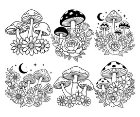 Obraz premium Collection Of Magic Mushroom Compositions With Garden Flowers And Moon Phases, Bohemian Botanical Fungus Bundle For Nature Lovers And Witches
